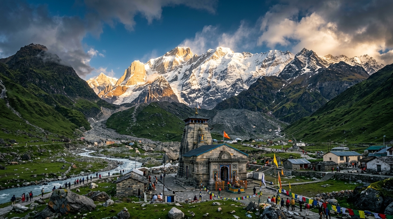 Breathtaking view of Kedarnath Temple surrounded by snow-capped Himalayan peaks