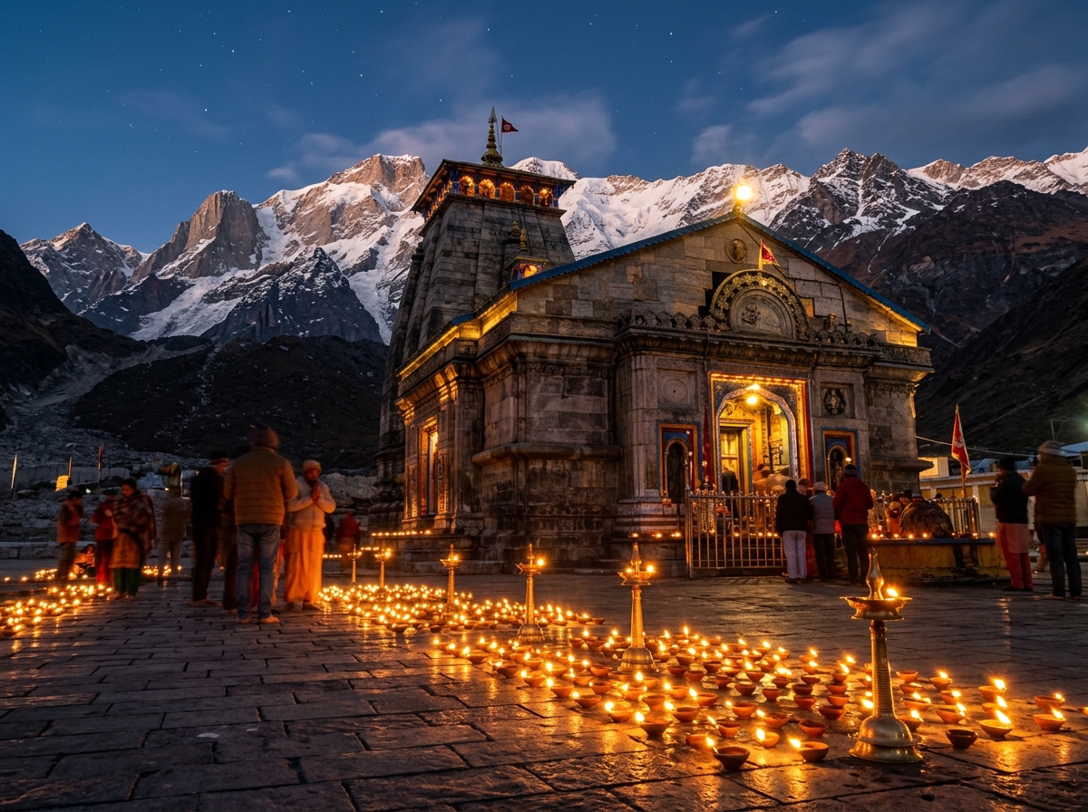 Kedarnath Temple illuminated with oil lamps at dusk