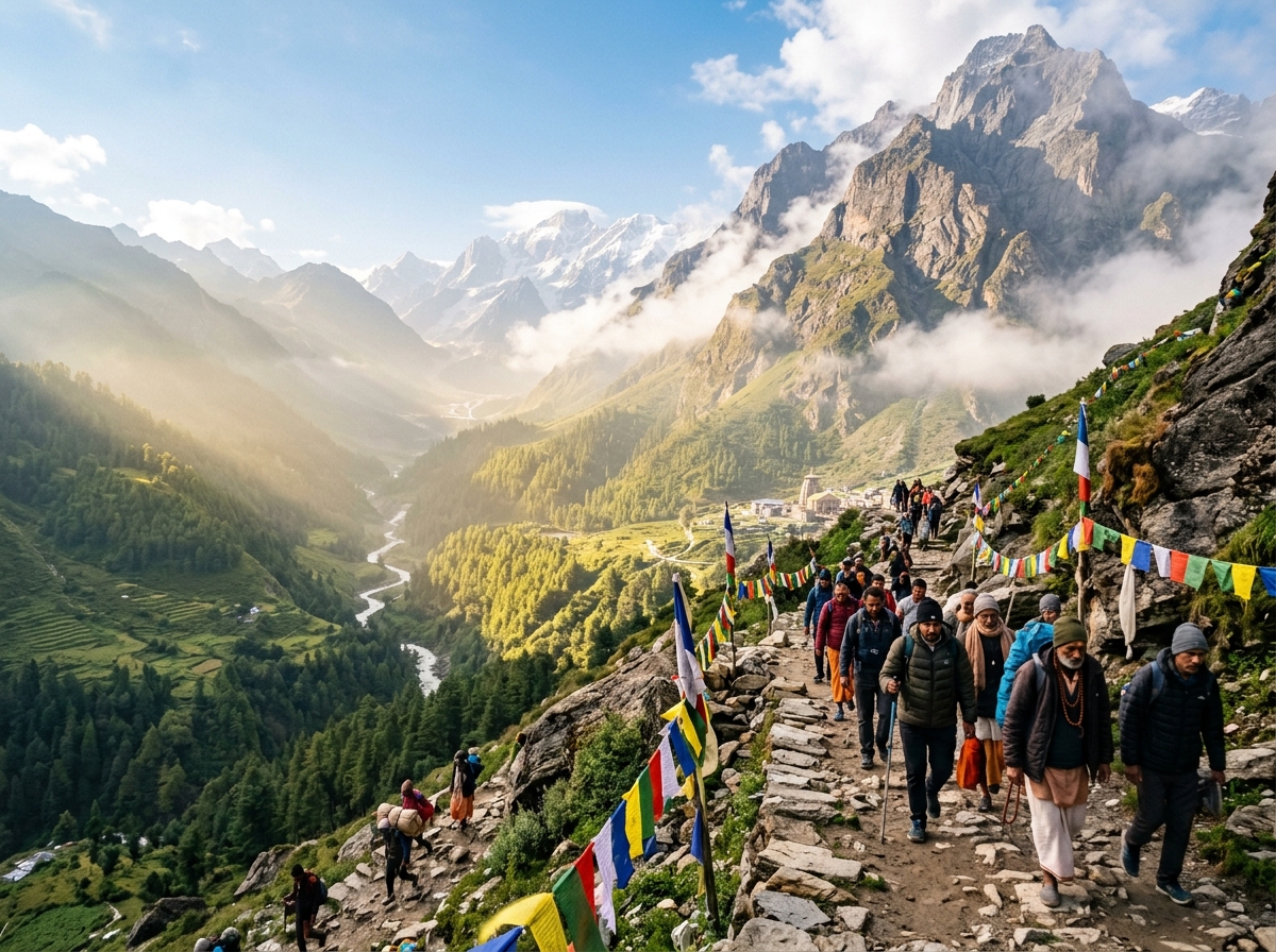 Pilgrims trekking to Kedarnath with prayer flags